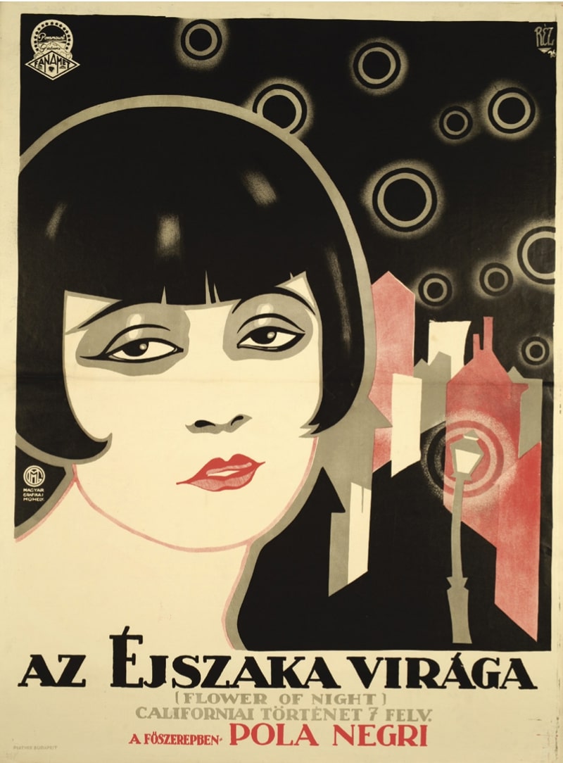 Az abszolút art deco dekorativitás két színnel. Bravúros filmplakát Pola Negri portréjával. (OSZK PKT, PKG.1926/104)